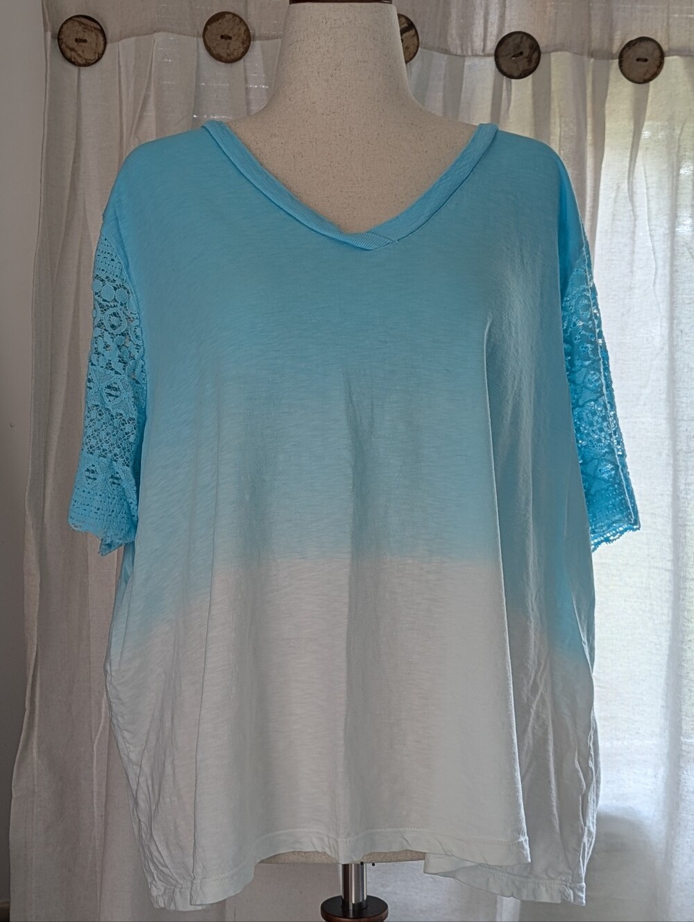 Roaman's Light Blue to White Ombre V-Neck Tee with Lace Short Sleeves
